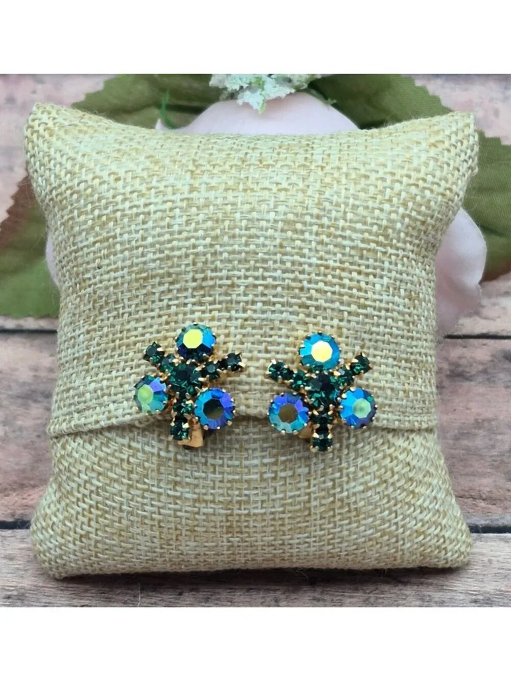 Vintage 50's 60's Signed Austria Green & Blue AB Rhinestone Dainty Clip Earrings